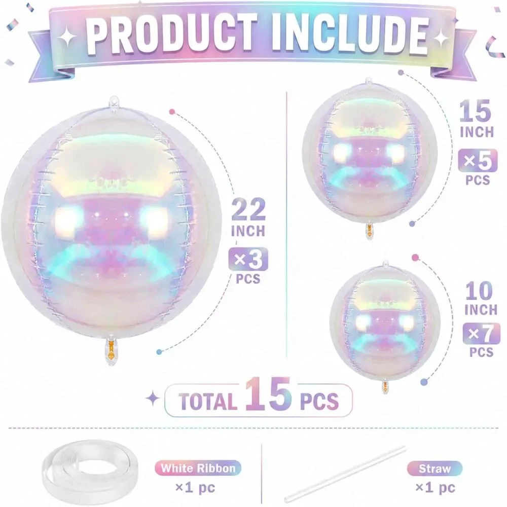 12 Pcs Iridescent 4D Round Foil Balloons Holographic Mermaid Party Decor